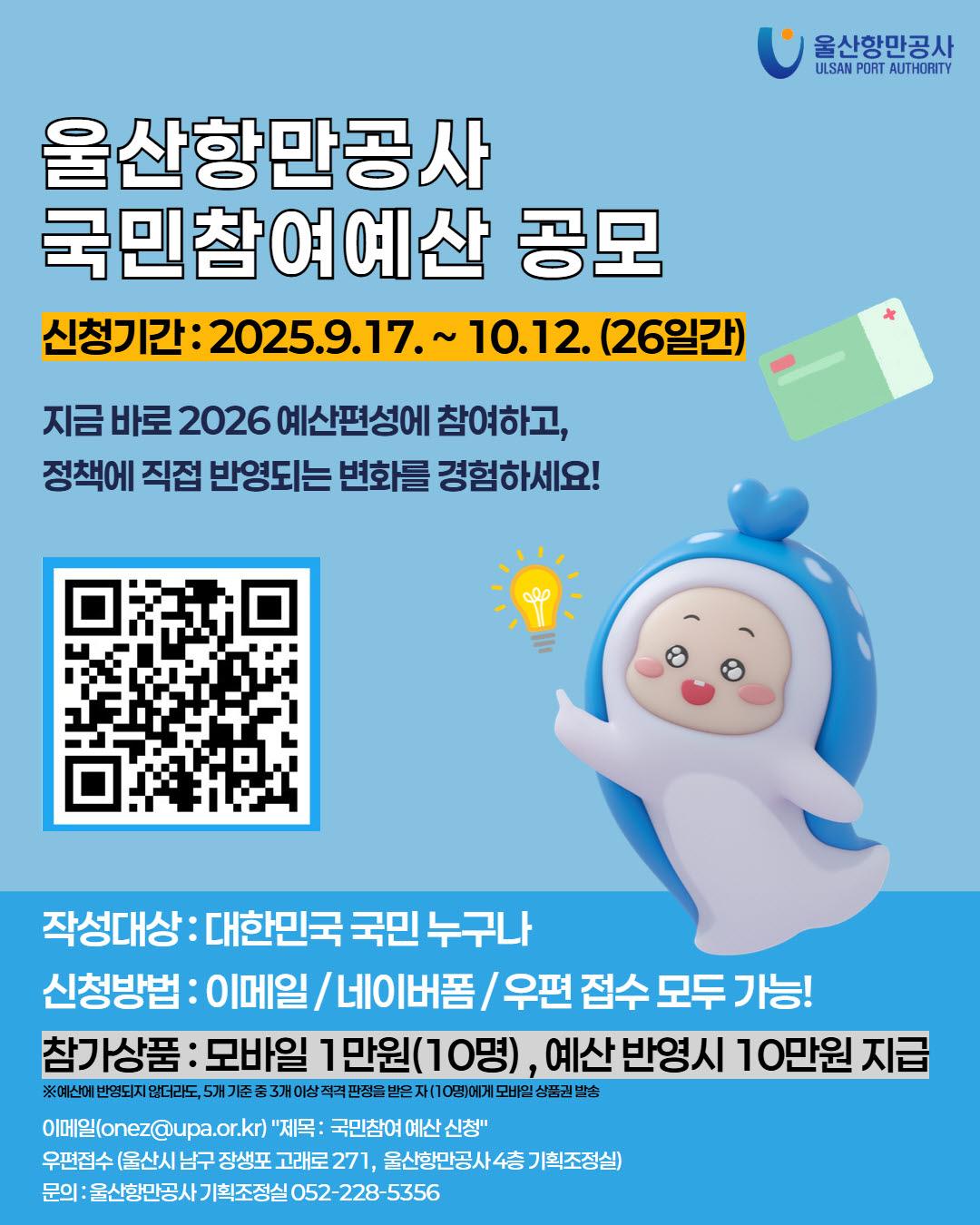 울산항만공사 ULSAN PORT AUTHORITY 	울산항만공사 국민참여예산 공모 	신청기간 : 2025.9.17. ~ 10.12. (26일간) 	지금 바로 2026 예산편상에 참여하고, 정책에 직접 반영되는 변화를 경험하세요! 	(QR코드 바로가기 : https://m.site.naver.com/1R3wM) 	작성대상 : 대한민국 국민 누구나 	신청방법 : 이메일 / 네이버폼 / 우편 접수 모두 가능! 	참가상품 : 모바일 1만원(10명), 예산 반영시 10만원 지급 	※예산에 반영되지 않더라도, 5개 기준 중 3개 이상 적격 판정을 받은 자 (10명)에게 모바일 상품권 발송 	 	이메일(onez@upa.or.kr) 
