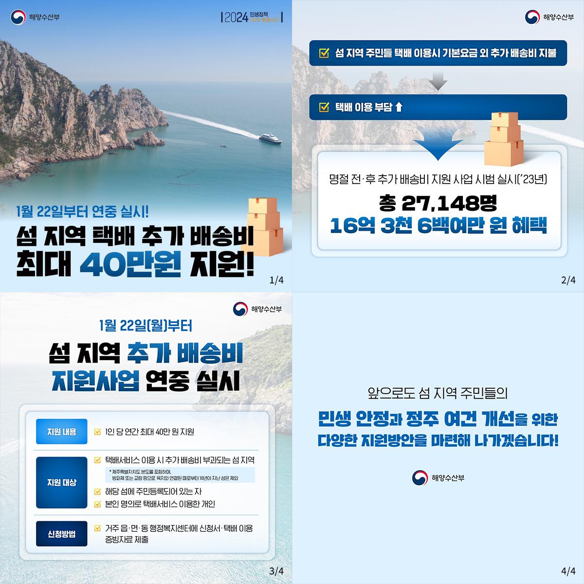 해양수산부 | 2024 민생정책 100% 체험하기 | 1월 22일부터 연중 실시! 섬 지역 택배 추가 배송비 최대 40만원 지원! | (1/4)    	해양수산부 | 섬 지역 주민들 택배 이용시 기본요금 외 추가 배송비 지불 - 택배 이용 부담↑ - 명전 전·후 추가 배송비 지원 사업 시범 실시(23년) 총 27,148명 16억 3천 6백여만 원 혜택 | (2/4)    	해양수산부 | 섬 지역 추가 배송비 지원사업 연중 실시 | 지원 내용 : 1인 당 연간 최대 40만 원 지원 | 지원 대상 : 택배서비스 이용 시 추가 배송비 부과되는 섬 지역  ※제주특별자치도 본도를 포함하며 방파제 또는 교량 등으로 육지와 연결된 때로부터 10년이 지난 섬은 제외, 해당 섬에 주민등록되어 있는 자, 본인 명의로 택배서비스 이용한 개인 | 신청 방법 : 거주 읍·면·동 행정복지센터에 신청서·택배 이용 증빙자료 제출 |  (3/4)  	앞으로도 섬 지역 주민들의 민생 안정과 정주 여건 개선을 위한 다양한 지원방안을 마련해 나가겠습니다! | 해양수산부 | (4/4)